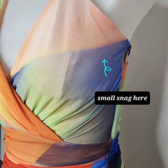 NICHOLAS Bristol Ruched Printed Mesh Halterneck Multicolor Slit Midi Dress - Picture 5 of 14